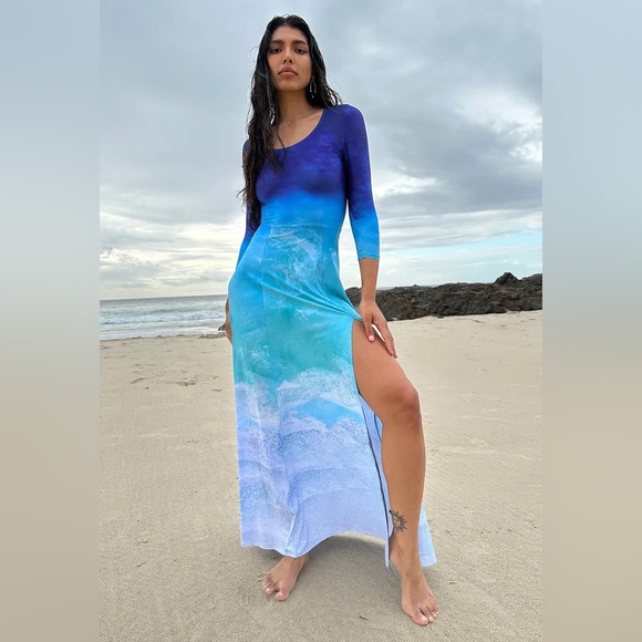 🌊OCEAN WAVES 3/4 SLEEVE SPLIT MAXI DRESS - LIMITED - Picture 8 of 9